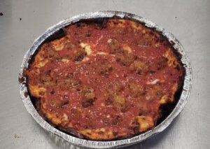 Frozen sausage pizza from Pequod's