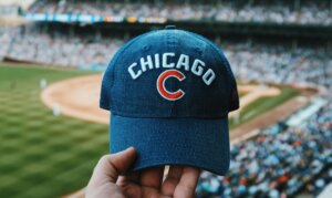 A fan holds up a Chicago Cubs baseball hat at Wrigley Field