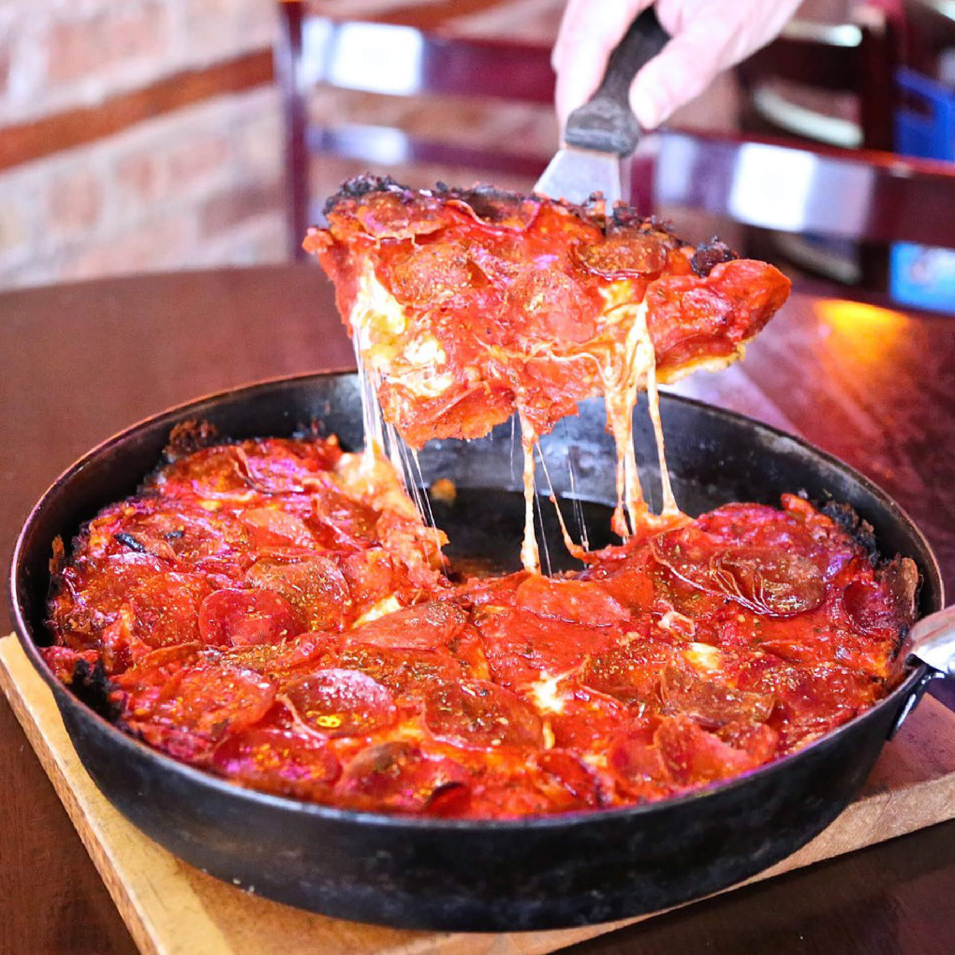 Chicago style deep dish pizza served at Pequods