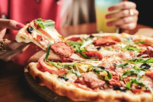 Full sized pizza on a table